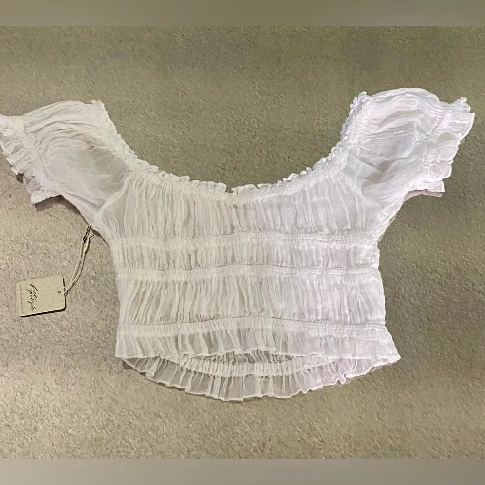 NWT Free People White Smocked Puff Sleeve Top